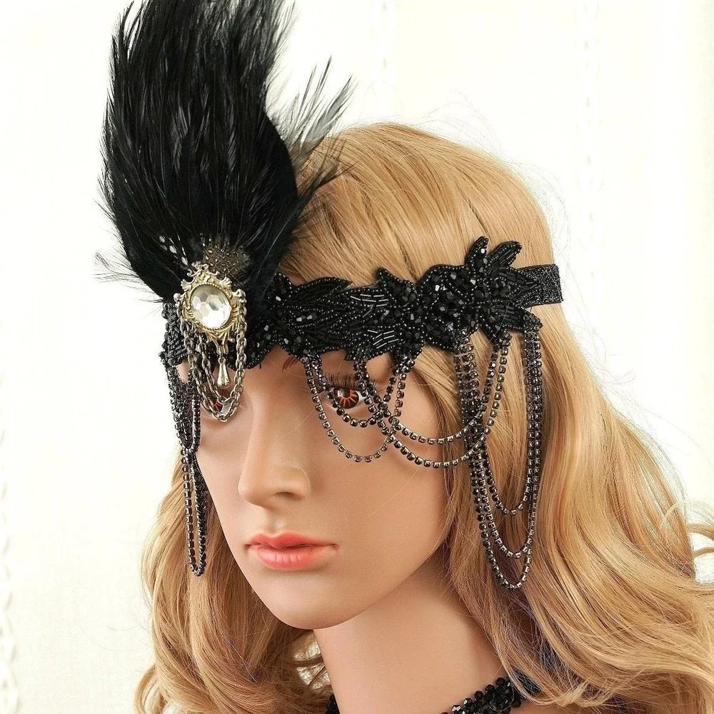 Black 1920s Style Flapper Headband Feather Beaded Rhinestone Headpiece Costume